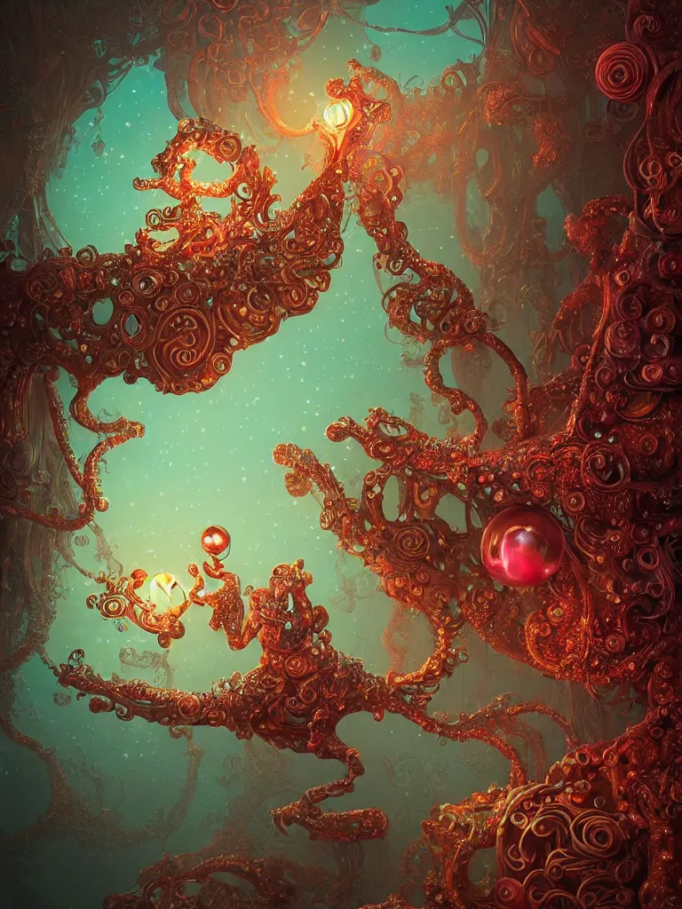 Image similar to macro, candy creature in candyland, water reflection, night, backlit, warm tones, bioluminescent : by michal karcz, daniel merriam, victo ngai and guillermo del toro : ornate, dynamic, particulate, intricate, elegant, highly detailed, centered, artstation, smooth, sharp focus, octane render