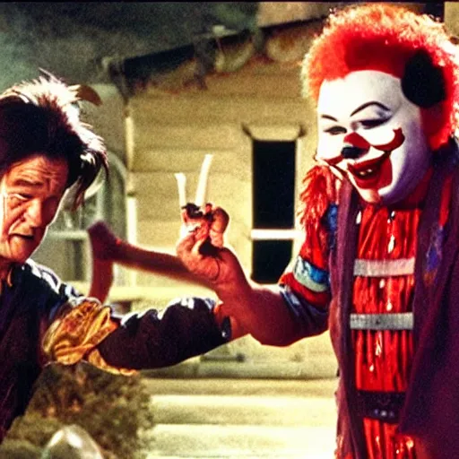 Image similar to Jack Burton throwing a knife at a tall Chinese clown, Lo Pan, cinematic still, amazing photo