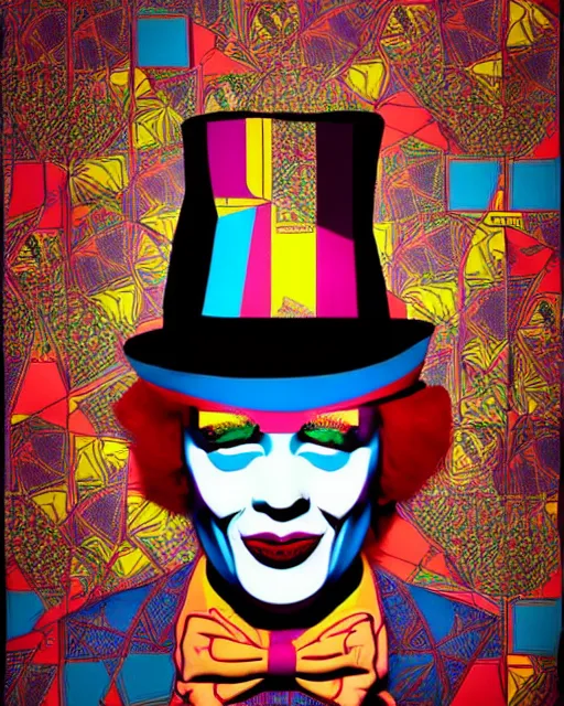 Image similar to symmetrical!! highly detailed vfx portrait of the mad hatter, geometric polygons, global illumination, detailed and intricate environment by andy warhol and tristan eaton