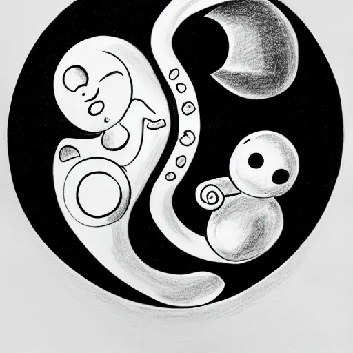 Image similar to a drawing of a pregnant robot giving birth to emerging yin - yang daoist symbol emerging from womb, black and white detailed pencil drawing dao