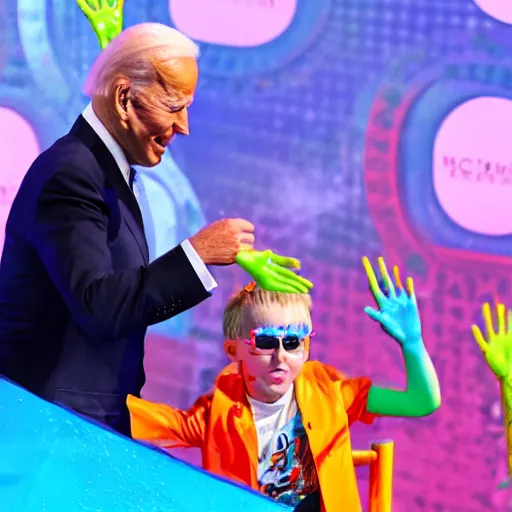 Image similar to joe biden getting slimed at the kids choice awards, dynamic, cinematic photo