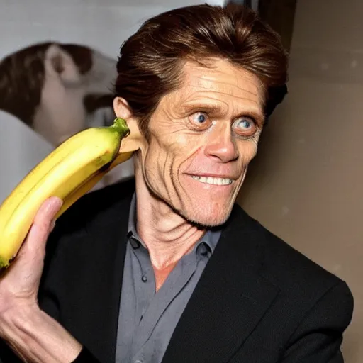 Prompt: willem dafoe holding a banana
