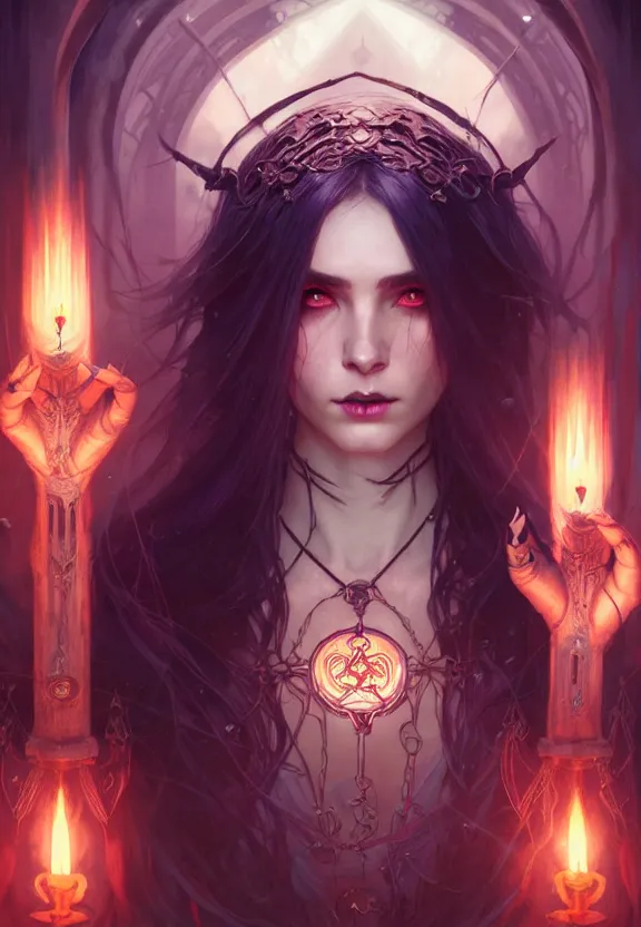 Image similar to Necromancer Sorceress in center, fantasy magic, undercut hairstyle, dark light night, intricate, elegant, sharp focus, illustration, highly detailed, digital painting, concept art, matte, art by WLOP and Artgerm and Greg Rutkowski and Alphonse Mucha, masterpiece