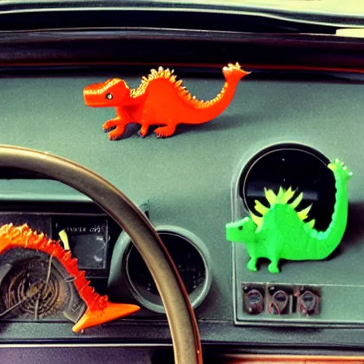 Image similar to 1970s car dashboard with small plastic dinos.