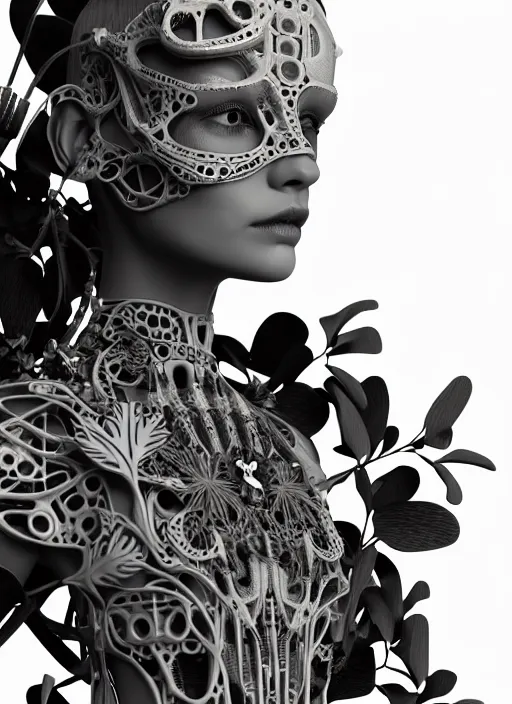 Image similar to monochrome 3 d model, biomechanical beautiful young female cyborg with porcelain profile face and a big floral eye, volumetric light, leaves foliage and stems, hibiscus flowers, boho floral vines, sinuous fine roots, fine foliage lace, alexander mcqueen, rim light, big gothic fashion pearl embroidered collar, steampunk, octane render, 8 k