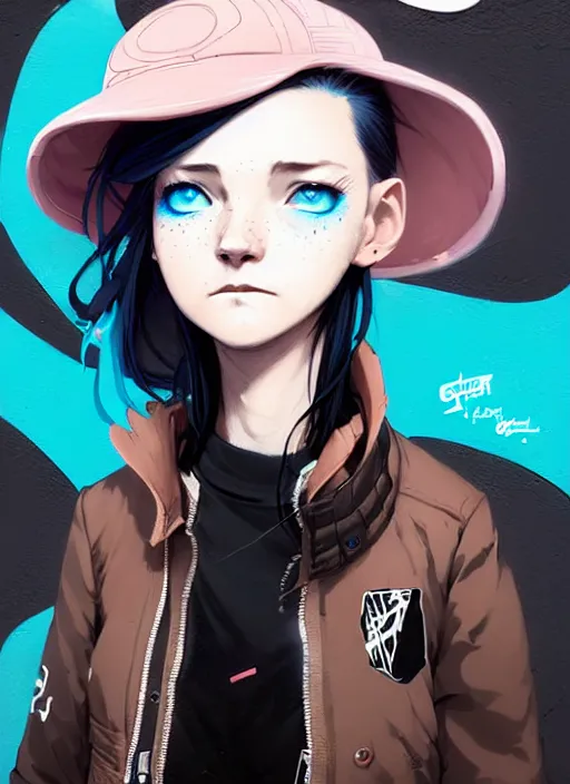 Image similar to highly detailed portrait of a street punk lady student, blue eyes, bubble jacket, hat, white hair by atey ghailan, by greg rutkowski, by greg tocchini, by james gilleard, by joe fenton, by kaethe butcher, gradient pink, black, brown and light blue color scheme, grunge aesthetic!!! ( ( graffiti tag wall background ) )