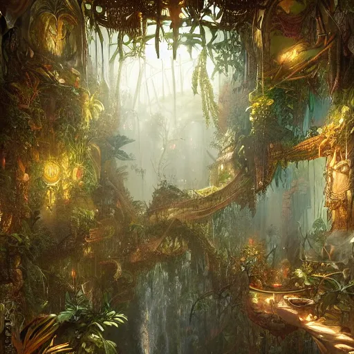 Prompt: hyperreal ultra detailed intricate victorian jungle room by peter mohrbacher and dan mumford, cgsociety, volumetric light