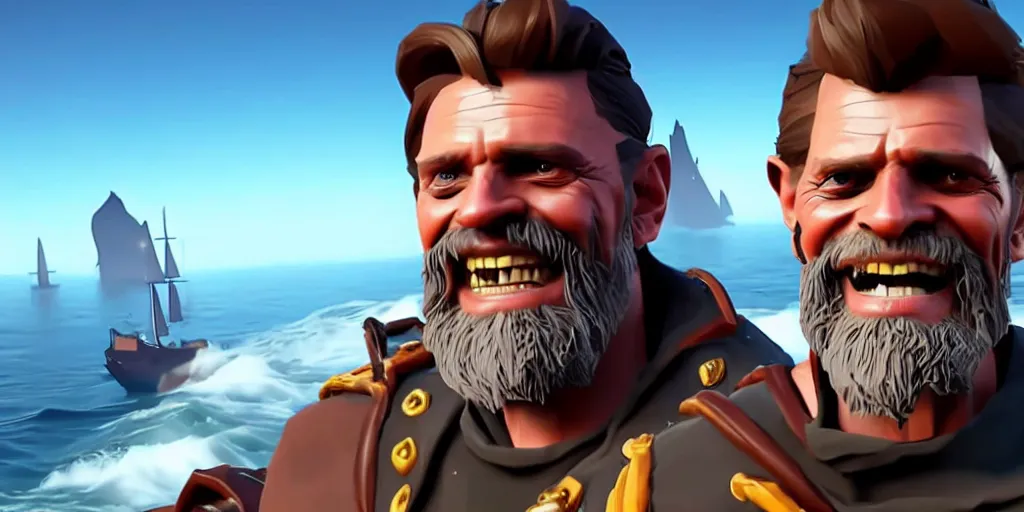 Image similar to selfie of willem dafoe as a sea of thieves character, sea of thieves screenshot, storm, unreal engine, digital art