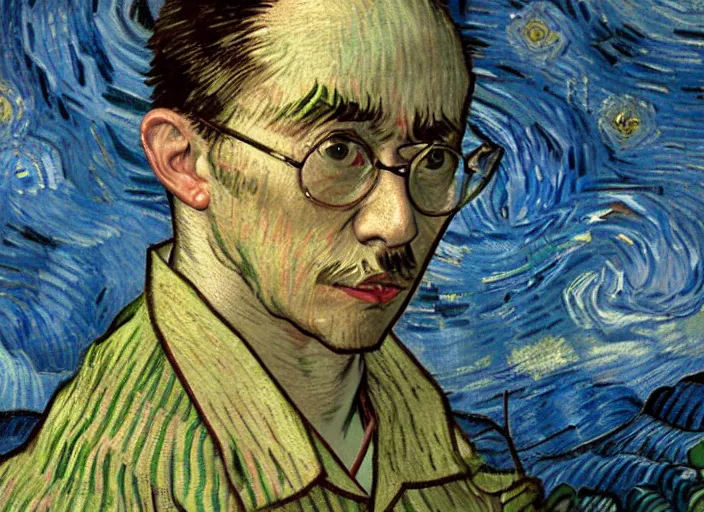 Prompt: Filthy Frank wearing blue dirty spaghetti stained dress shirt, rule of thirds, accurately portrayed, portrait art by Vincent van Gogh, highly detailed, digital painting, concept art, illustration, Japanese emperial flag with twilight rays of sunlight, trending on artstation, very detailed, smooth, sharp focus, octane render, close up