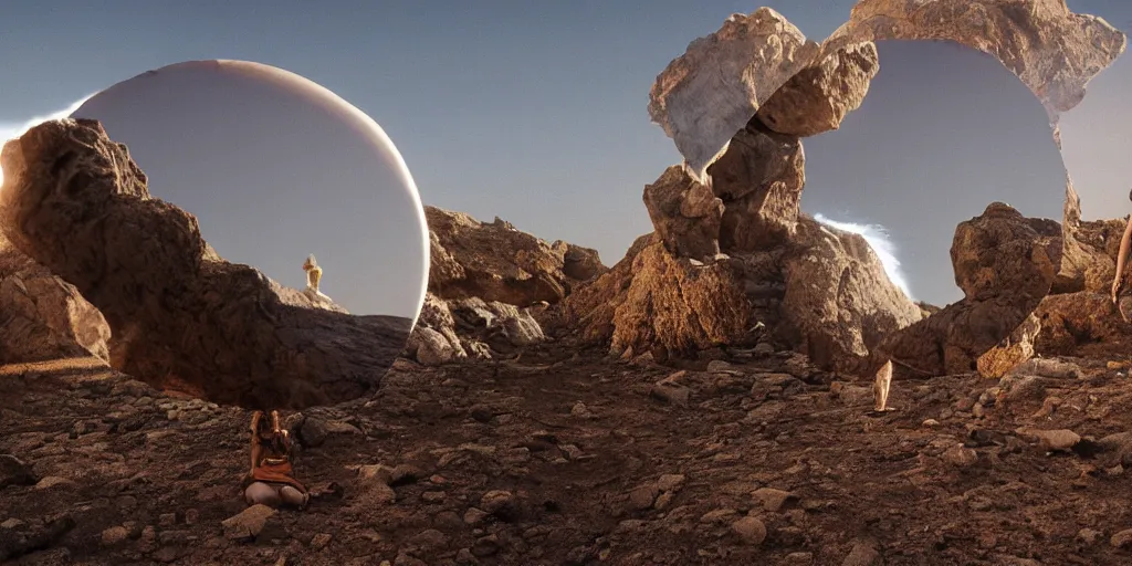 Prompt: levitating ghost veiled silhouette with full - face golden bright reflective mask in a dry rocky desert landscape, visible sky and sunny atmosphere, floating rocks, flying rocks and fata morgana and giant mirrors by alejandro jodorowsky, anamorphic lens, kodakchrome, practical effects, masterpiece, 8 k