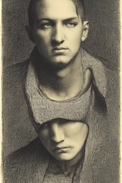 Image similar to portrait of eminem, Gustave Dore lithography