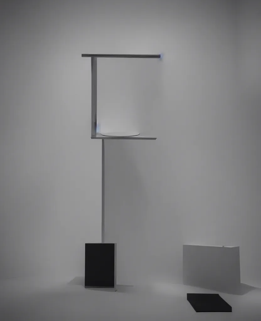 Image similar to a minimal studio packshot of an upside - down readymade object on a pedestal in an empty museum room, courtesy of centre pompidou