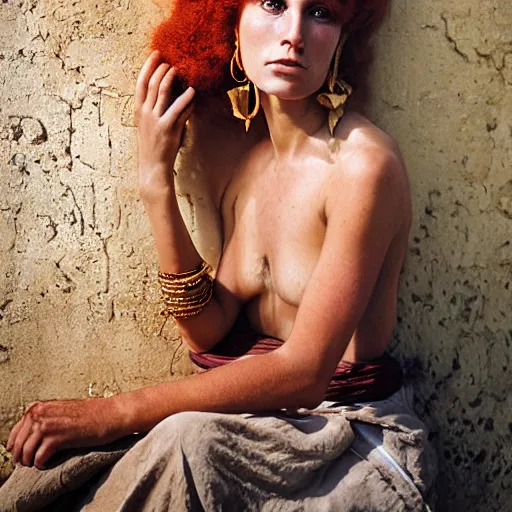 Image similar to beautiful 1 9 th century barbary coast pirate female models with ginger hair and golden hooped earrings photography by steve mccurry