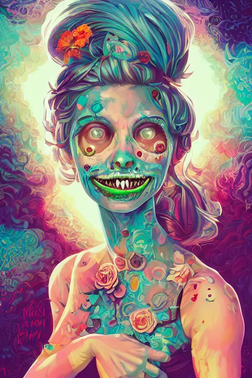 Prompt: a smiling cute zombie woman beautiful skin and wavy hair, tristan eaton, victo ngai, artgerm, rhads, ross draws