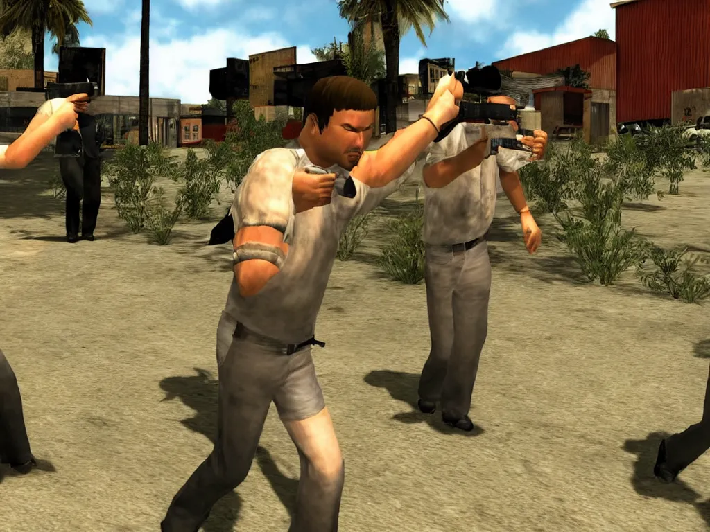 Prompt: screenshot from a 2004 Pulp Fiction videogame for the Sony PlayStation 2, ps2 graphics, 3d, third person, HD