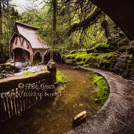 Image similar to inside a medieval hobbit home, ornate, beautiful, atmosphere, vibe, mist, smoke, chimney, rain, wet, pristine, puddles, waterfall, melting, snow, creek, lush, ice, bridge, forest, flowers, akihiko yoshida