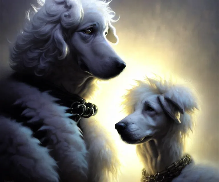 Image similar to beautiful fantasy character portrait of a maremma dog wearing a black hoodie, extra fluffy fur, ultra realistic, dramatic lighting, the fifth element artifacts, highly detailed by peter mohrbacher, hajime sorayama, wayne barlowe, boris vallejo, aaron horkey, gaston bussiere, craig mullins