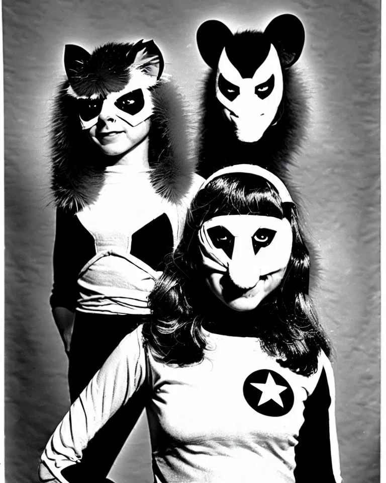 Image similar to new marvel superhero opossum girl, solo portrait, 1 9 7 0 s photo