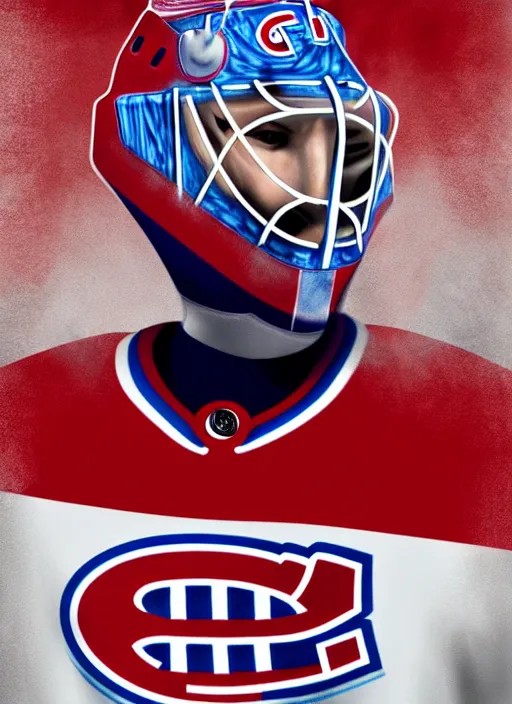 Image similar to habs carey price goalie, fog bionic vogue, james jean, trending on artstation