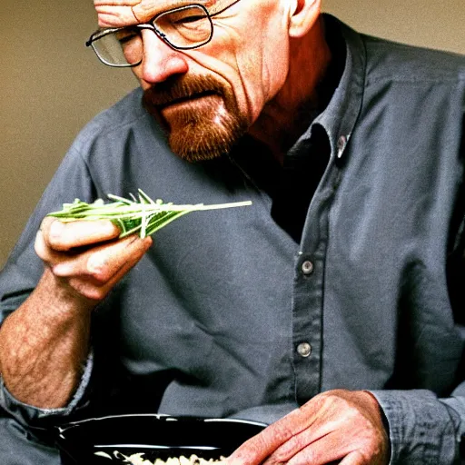 Prompt: walter white eating alfalfa, photography,