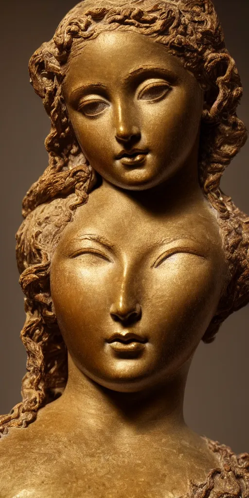 Image similar to detailed photo of an old bronze patina statue of a beautiful aphrodite nymphea portrait, intricate detail, museum diffuse lighting