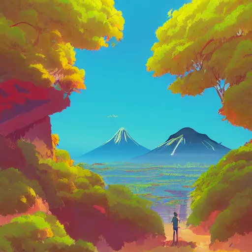 Image similar to landscape of an anime style with tropical flowers and volcanos, waterfalls bright colors, bird eye view, bove rule of thirds golden ratio, fake detail, trending pixiv fanbox, acrylic palette knife, style of makoto shinkai studio ghibli genshin impact james gilleard greg rutkowski chiho aoshima