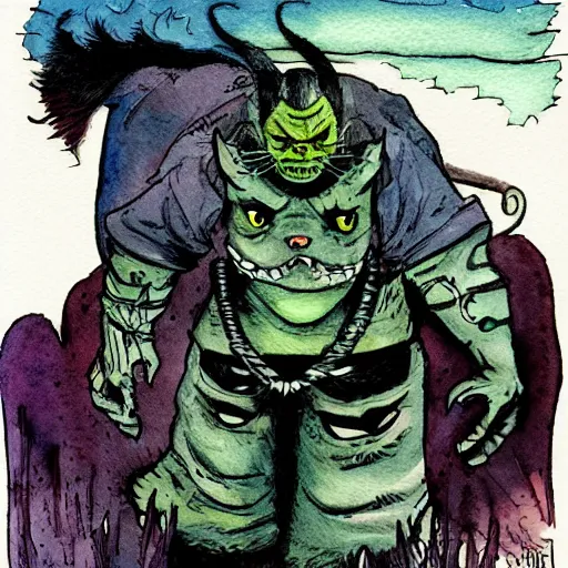 Prompt: dracula cat from the black lagoon watercolor geoff darrow style