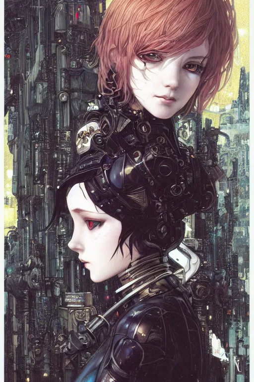 Prompt: portrait of beautiful young gothic maiden, cyberpunk, Warhammer, highly detailed, artstation, illustration, art by Gustav Klimt and Range Murata and Ilya Kuvshinov and Katsuya Terada