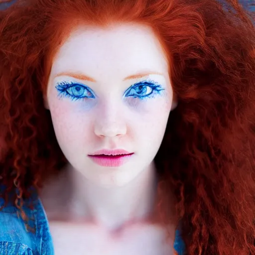 Prompt: young redheaded woman with blue eyes and detailed face