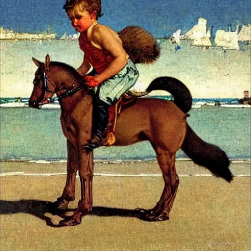 Prompt: napoleon riding a squirrel!!! on the beach with hyacinth!!!! by norman rockwell