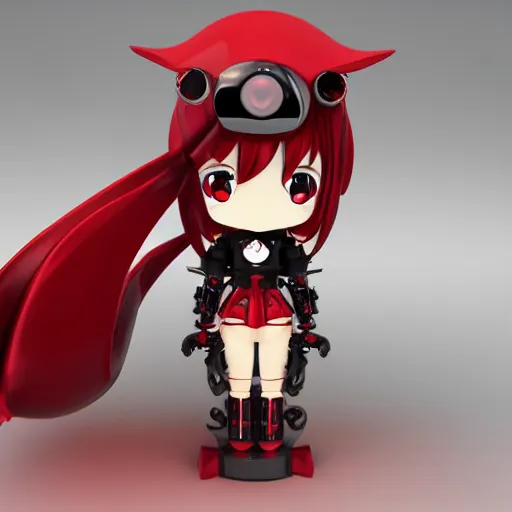 Image similar to cute chibi pvc figure of a robot girl, steampunk knight armor, red and black, energetic, anime, vray