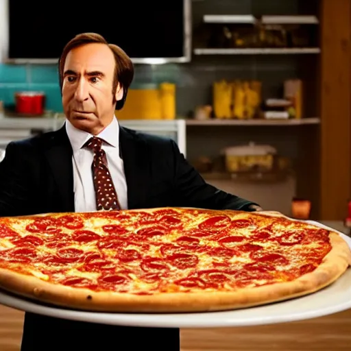 Prompt: Saul Goodman eating a gigantic pizza covering an entire room