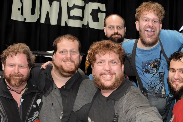 Image similar to a group of multiple ethan van scivers posing for a picture at a comic con convention