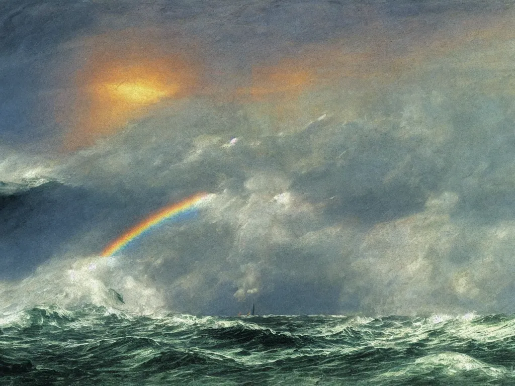 Ocean burning, rainbow oil, fumes, giant waves. Stable Diffusion