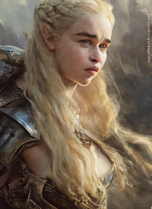 Image similar to short muscular blonde woman wearing realistic medieval armour, emilia clarke, detailed by gaston bussiere, bayard wu, greg rutkowski, giger, maxim verehin, greg rutkowski, masterpiece, sharp focus, cinematic lightning