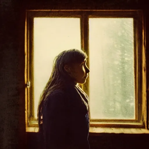 Image similar to portrait bust of young woman, tired expression, faded color film, russian cinema, tarkovsky, kodachrome, inside old cabin, next to window, heavy forest outside, long brown hair, old clothing, heavy fog, brown color palette, hudson river school, 4 k, dramatic lighting, greg rutkowski