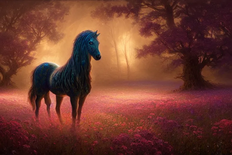 Image similar to a stunning digital painting of a horse made of instricately engraved gnarled wood with a mane of bioluminescent flowers running through a field of flowers by greg rutkowski, flowercore, volumetric light, digital art, fine detail, photorealistic