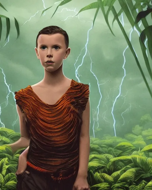 Image similar to Portrait of Millie Bobby Brown in a jungle of lightning