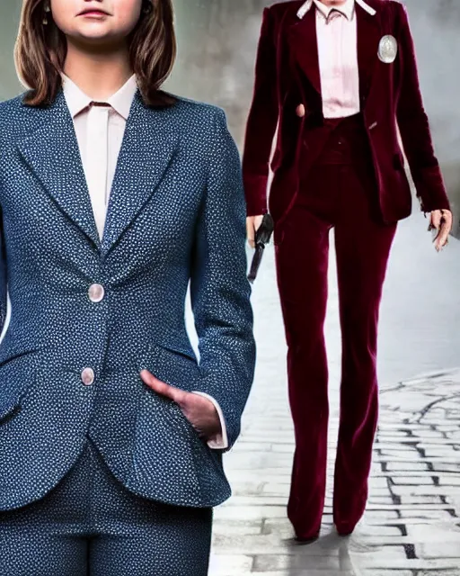 Prompt: Jenna Coleman as the Doctor, velvet blazer, waistcoat, trousers