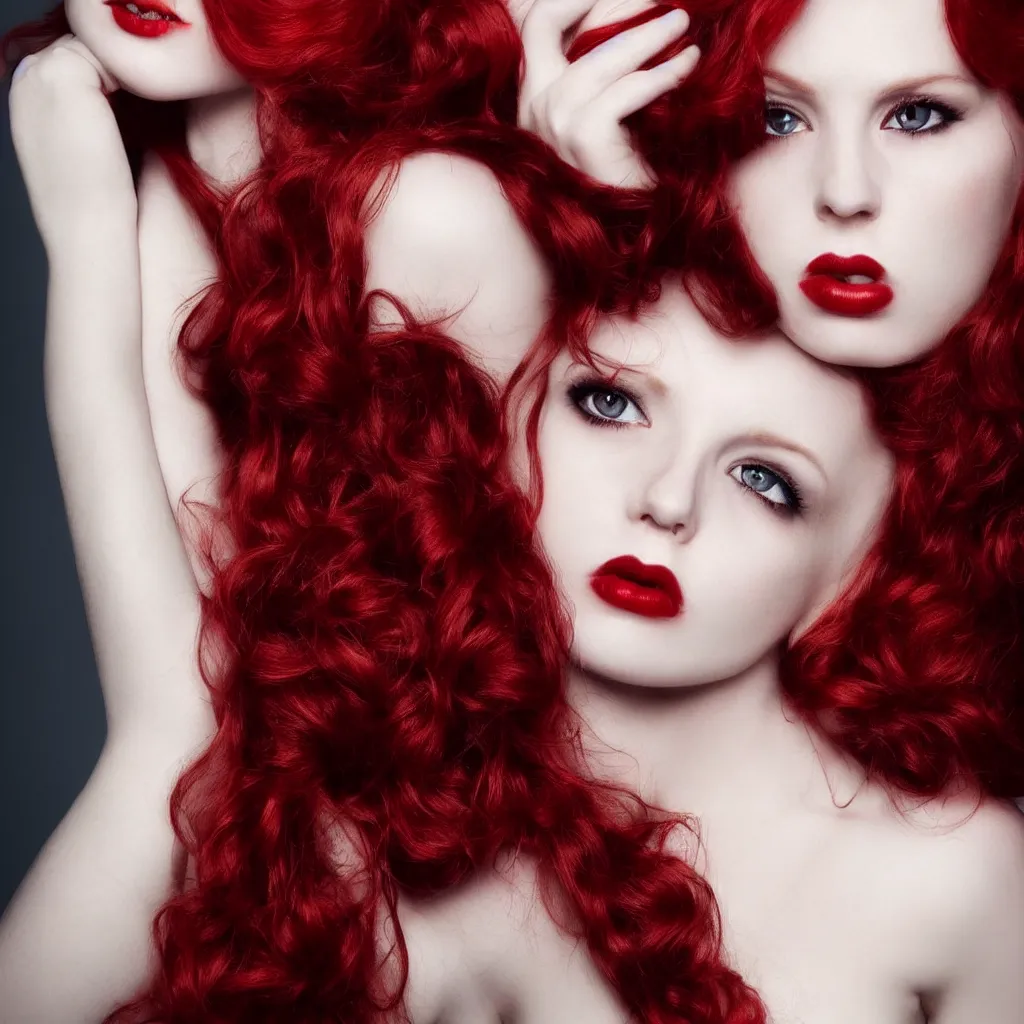 Prompt: perfect glamour model, long red wavy hair, perfect lips, pale skin, symmetrical face, dramatic, night, strong, photographic