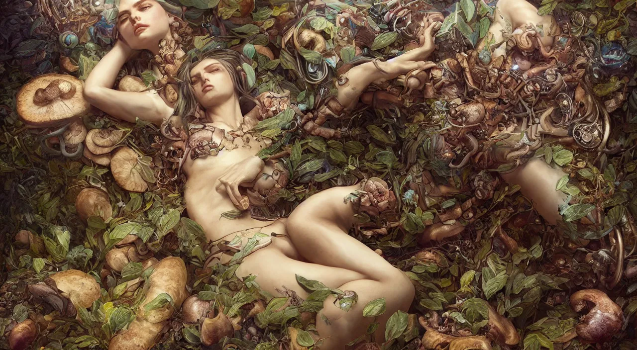 Image similar to a bio - mechanical pretty sleeping giant woman with mushrooms as camouflage highly detailed, cinematic, perfect face, cyberpunk, fine details, studio lighting, subtle shadows, art by stephen bliss, unreal engine, fantasy art by greg rutkowski, tom bagshaw, alphonse mucha, detailed and intricate environment, photo - realism, hyper realism, octane render