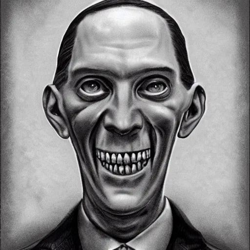 Prompt: lovecraft with a disturbingly large smile, potrait, realistic