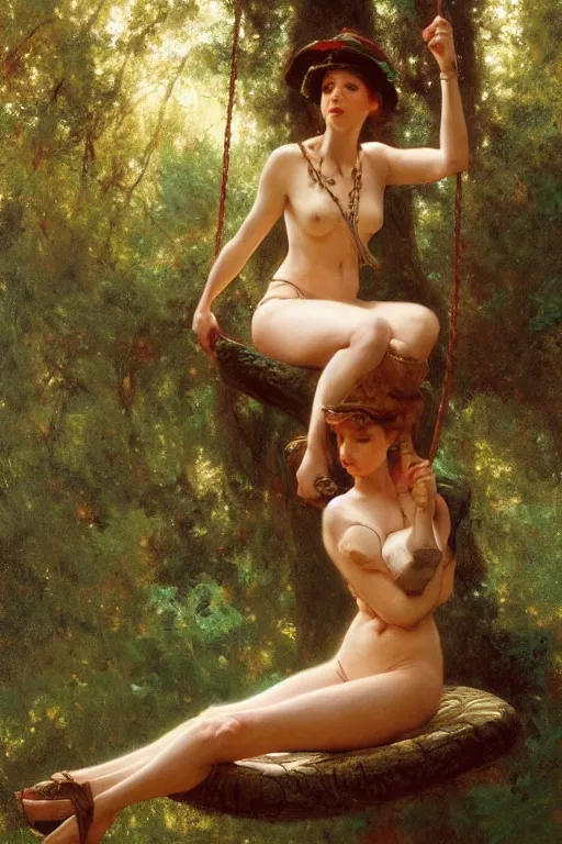 Image similar to full body portrait of her sitting on swing in forest, highly detailed painting by gaston bussiere, craig mullins, j. c. leyendecker, 8 k, mid shot