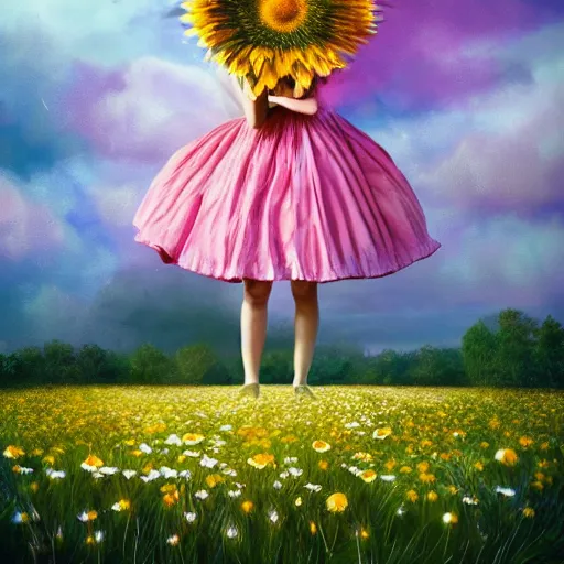 Image similar to giant daisy flower head, portrait of girl in flower field, holding daisy, surreal photography, sunrise, impressionist painting, colorful clouds, digital painting, artstation, simon stalenhag, flower face