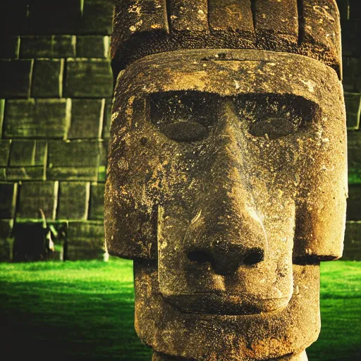 Image similar to a high detail photo of a moai wearing headphones