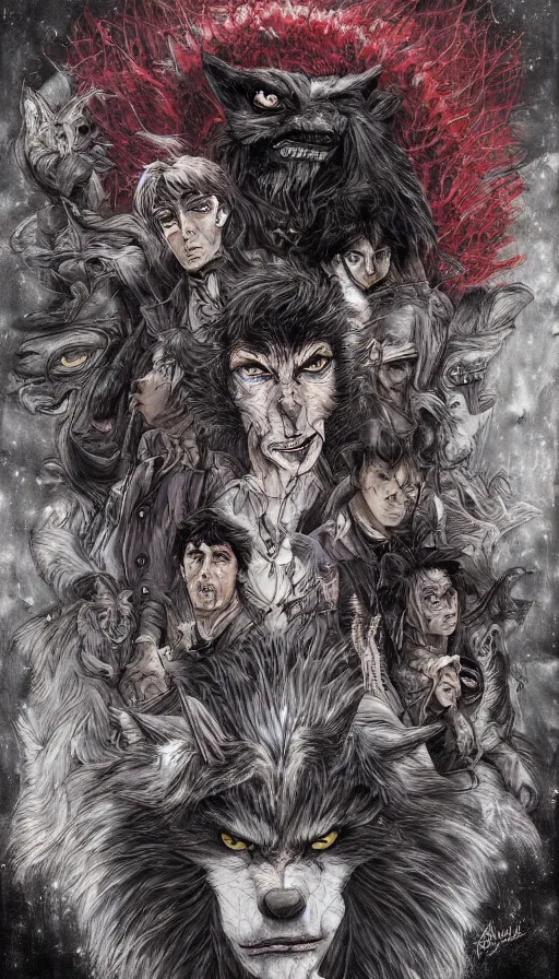 Image similar to Werewolf in London, by Ayami Kojima, studio ghibli, cinematic lighting, intricate, highly detailed, digital painting, trending on artstation, Illustration, epic scale