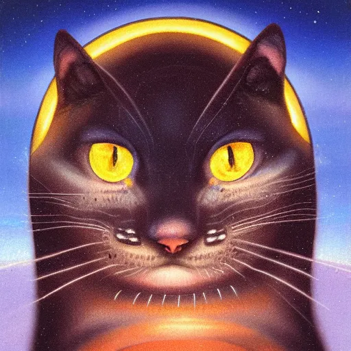 Image similar to the illuminated mystic dark cat, softly lit from behind like a Catholic saint portrait, full moon night, in the desert. Portrait by Paul Bonner, oil on canvas