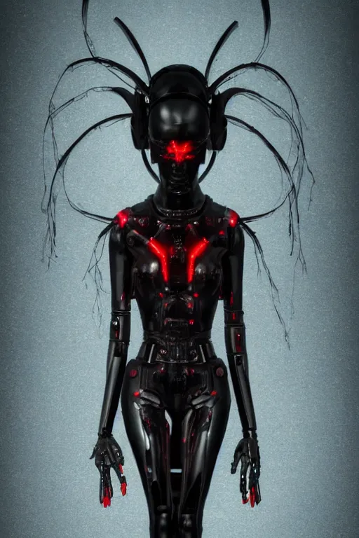 Image similar to full-body cyberpunk style sculpture of a young beautiful dark priestess, half android with a head opening exposing circuitry, glowing red eyes, black roses, flowing blood red colored silk, fabric, candles, baroque elements, human skull. full-length view. baroque element. intricate artwork by Caravaggio. crows flying in background. Trending on artstation, octane render, cinematic lighting from the right, hyper realism, octane render, 8k, depth of field, 3D