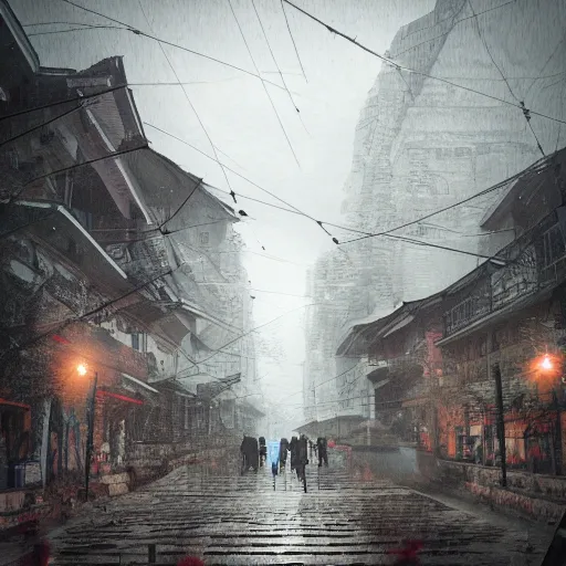 Prompt: nepal, gloomy, dystopian, digital art