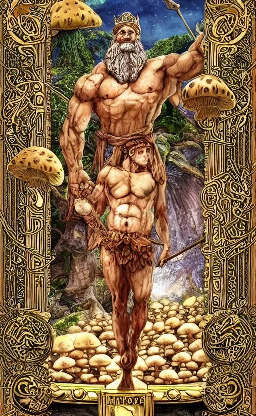 Prompt: a masterpiece hyperdetailed dnd tarot card full body portrait, magnificent mushroom deity as depicted in a colossal marble statue ( with godlike bodybuilder physique ) made by ancient greeks, hd tarot card depicting monumental statue of a dignified mushroom god with cute large mushroom hat, golden norse runes in the background, hdr, 8 k, artstationhq, digital art